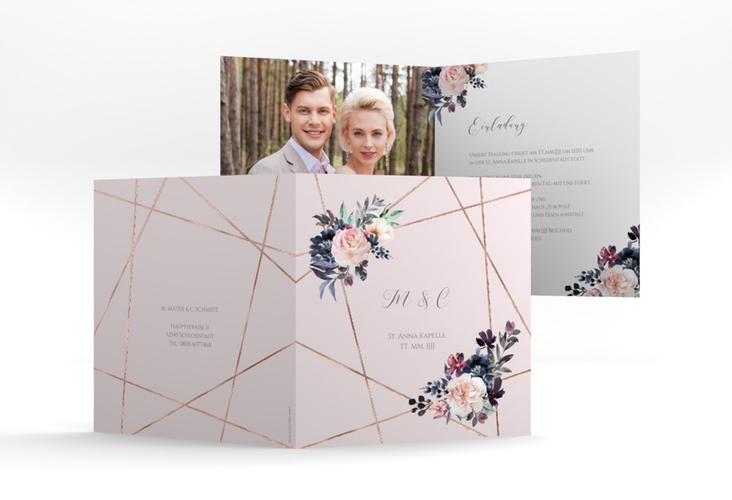 Hochzeitseinladung Azalie quadr. Klappkarte rosa rosegold