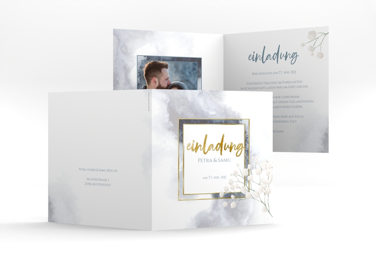 Hochzeitseinladung Winter quadr. Klappkarte blau gold mit Schleierkraut