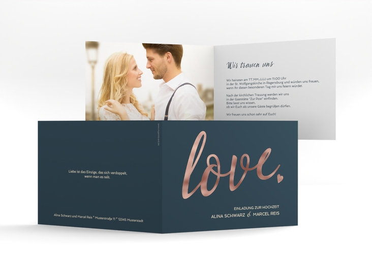 Hochzeitseinladung Glam A6 Klappkarte quer blau rosegold