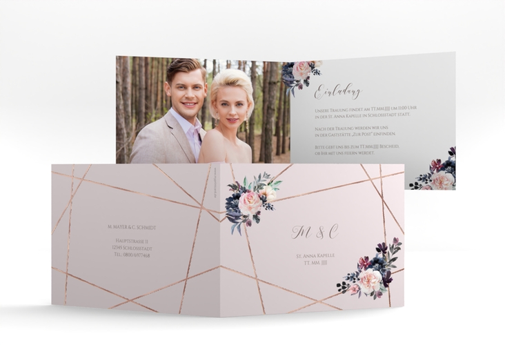 Hochzeitseinladung Azalie A6 Klappkarte quer rosa rosegold