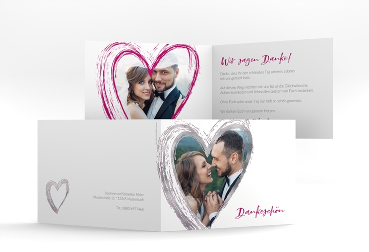 Danksagung Hochzeit Liebe A6 Klappkarte quer pink silber