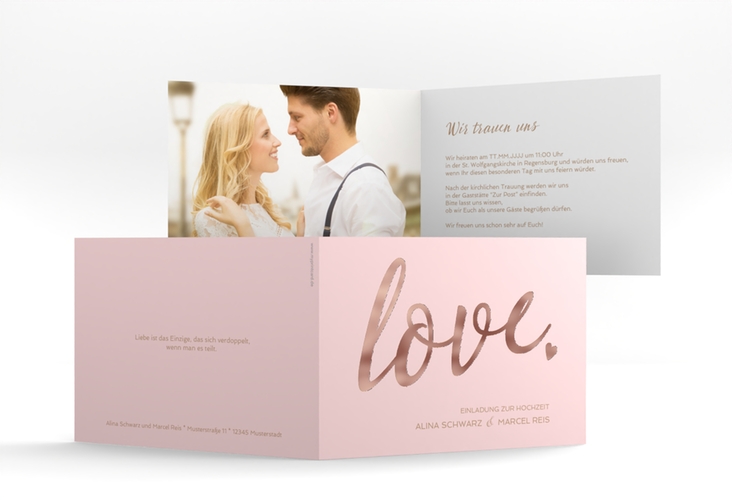 Hochzeitseinladung Glam A6 Klappkarte quer rosa rosegold