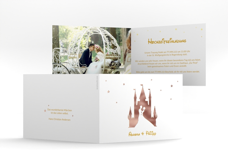 Hochzeitseinladung Castle A6 Klappkarte quer gold rosegold