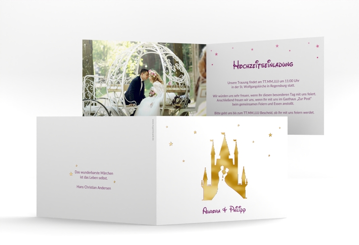 Hochzeitseinladung Castle A6 Klappkarte quer pink gold