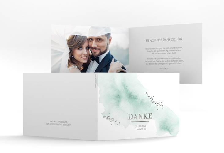 Danksagungskarte Hochzeit Pastell A6 Klappkarte quer mint silber