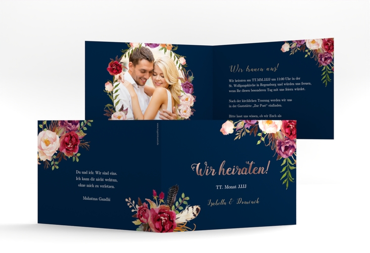 Hochzeitseinladung Flowers A6 Klappkarte quer blau rosegold mit bunten Aquarell-Blumen