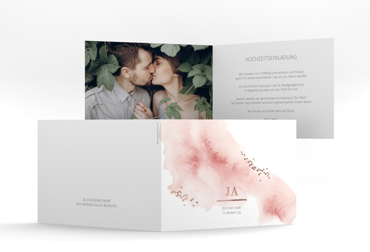 Hochzeitseinladung Pastell A6 Klappkarte quer rosa rosegold