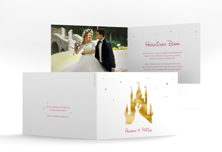 Danksagungskarte Hochzeit Castle A6 Klappkarte quer rosa gold