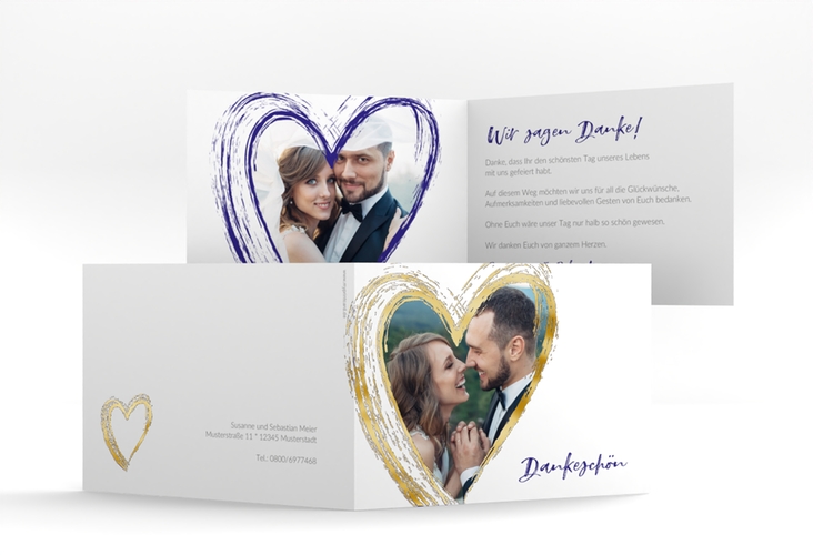 Danksagung Hochzeit Liebe A6 Klappkarte quer blau gold