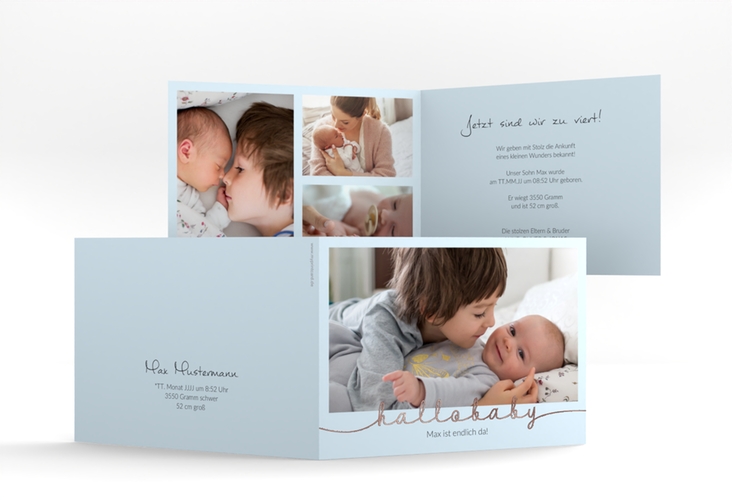 Geburtskarte Newborn A6 Klappkarte quer blau rosegold