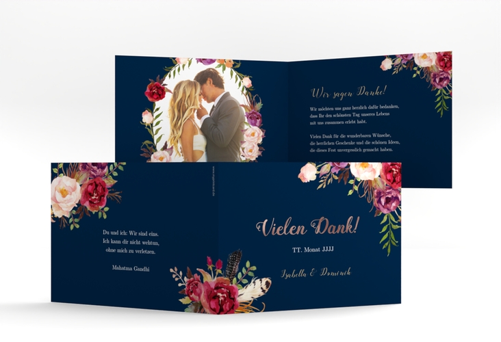 Danksagungskarte Hochzeit Flowers A6 Klappkarte quer blau rosegold mit bunten Aquarell-Blumen