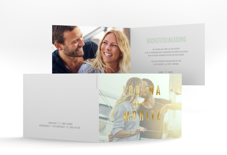 Hochzeitseinladung Memory A6 Klappkarte quer mint gold