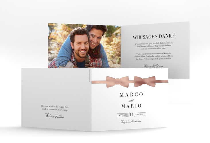 Dankeskarte Hochzeit Suits A6 Klappkarte quer blau rosegold