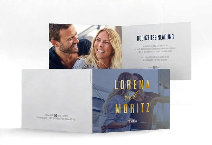 Hochzeitseinladung Memory A6 Klappkarte quer blau gold