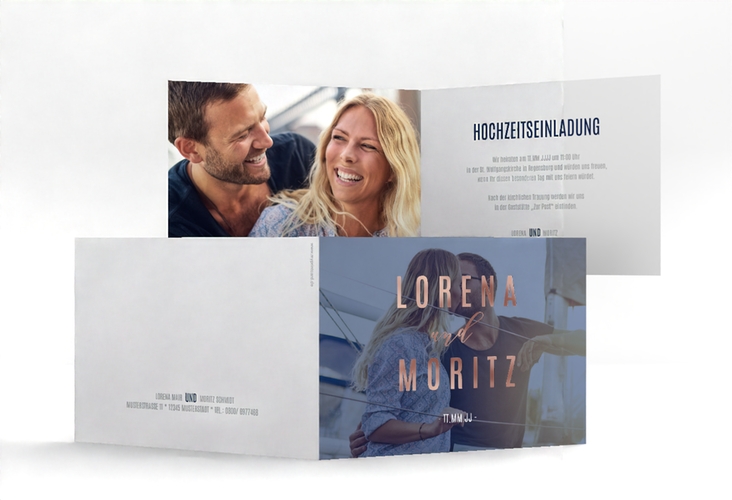 Hochzeitseinladung Memory A6 Klappkarte quer blau rosegold