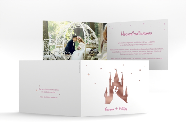 Hochzeitseinladung Castle A6 Klappkarte quer rosa rosegold