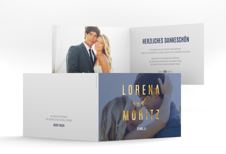 Danksagungskarte Hochzeit Memory A6 Klappkarte quer blau gold