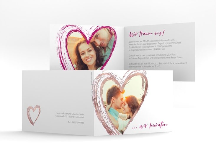 Hochzeitseinladung Liebe A6 Klappkarte quer pink rosegold