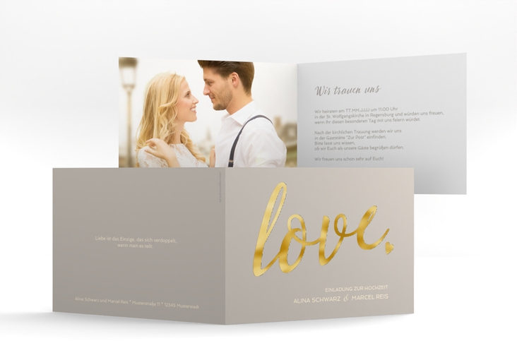 Hochzeitseinladung Glam A6 Klappkarte quer grau gold