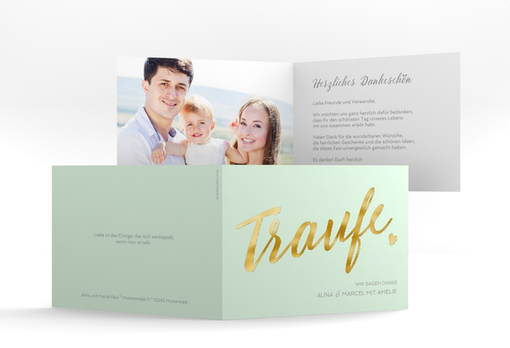 Danksagungskarte Hochzeit Traufe A6 Klappkarte quer mint gold