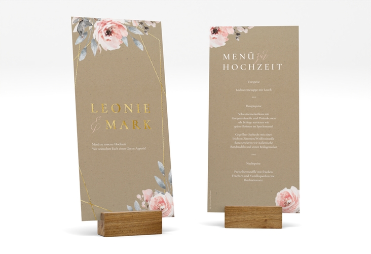 Menükarte Hochzeit Perfection lange Karte hoch Kraftpapier gold mit rosa Rosen