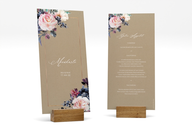 Menükarte Hochzeit Abendlicht lange Karte hoch Kraftpapier rosegold