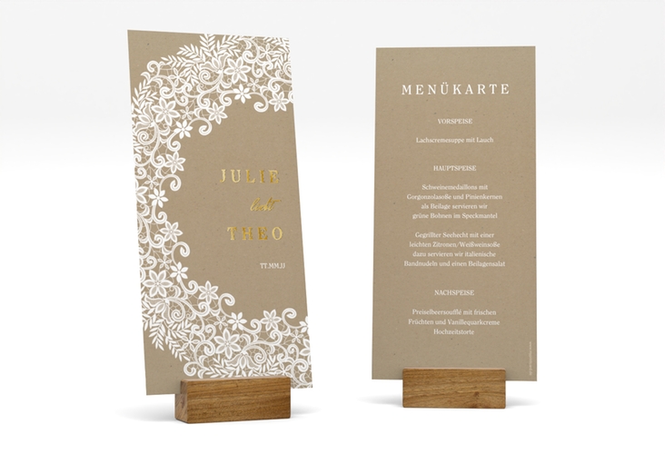 Menükarte Hochzeit Mariage lange Karte hoch Kraftpapier gold mit Bogen aus weißer Spitze