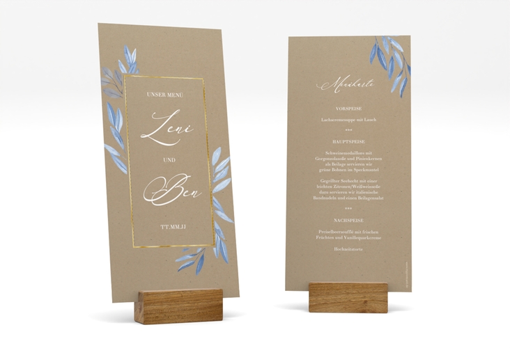 Menükarte Hochzeit Classicblue lange Karte hoch Kraftpapier gold