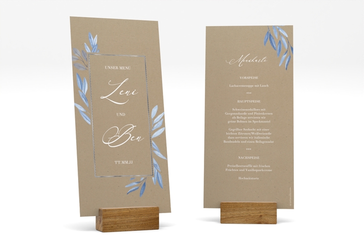 Menükarte Hochzeit Classicblue lange Karte hoch Kraftpapier silber