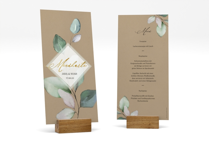 Menükarte Hochzeit Foglia lange Karte hoch Kraftpapier gold edel mit Eukalyptus im Aquarell-Design