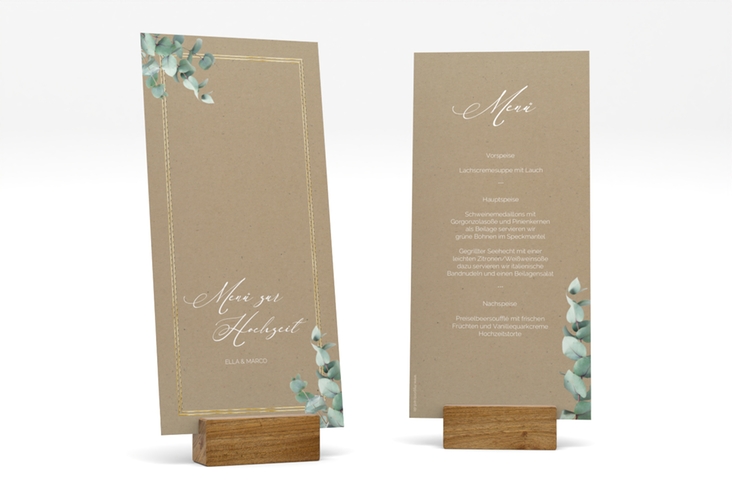 Menükarte Hochzeit Eucalypt lange Karte hoch Kraftpapier gold mit Eukalyptus und edlem Rahmen