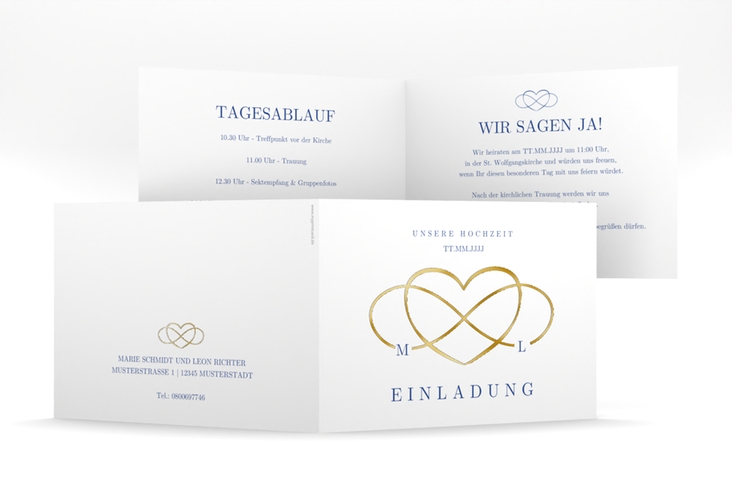 Hochzeitseinladung Infinity mittlere Klappkarte quer blau gold