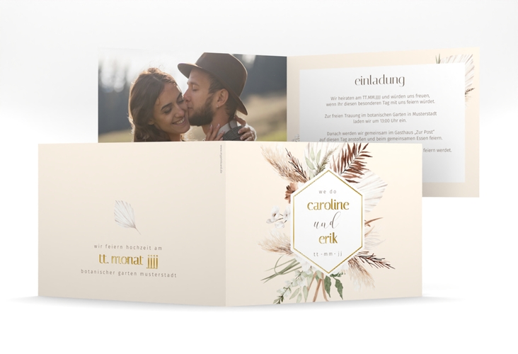 Hochzeitseinladung Bohemian mittlere Klappkarte quer beige gold