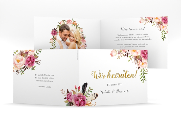 Hochzeitseinladung Flowers mittlere Klappkarte quer weiss gold mit bunten Aquarell-Blumen