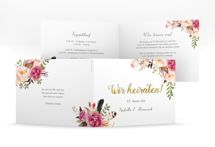 Hochzeitseinladung Flowers mittlere Klappkarte quer weiss gold mit bunten Aquarell-Blumen