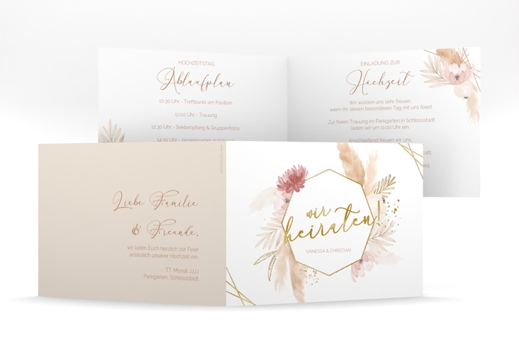 Hochzeitseinladung Bohostyle mittlere Klappkarte quer beige gold mit Pampasgras in Aquarell