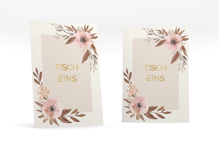 Tischnummer Hochzeit Modest Tischaufsteller beige gold mit elegantem Blumen-Aquarell