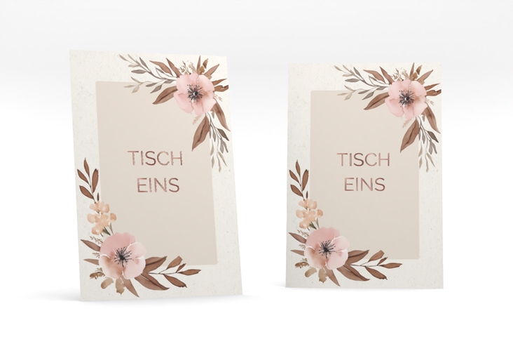 Tischnummer Hochzeit Modest Tischaufsteller beige rosegold mit elegantem Blumen-Aquarell