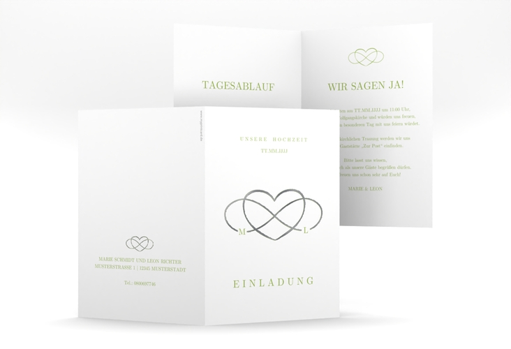 Einladungskarte Hochzeit Infinity A6 Klappkarte hoch gruen silber