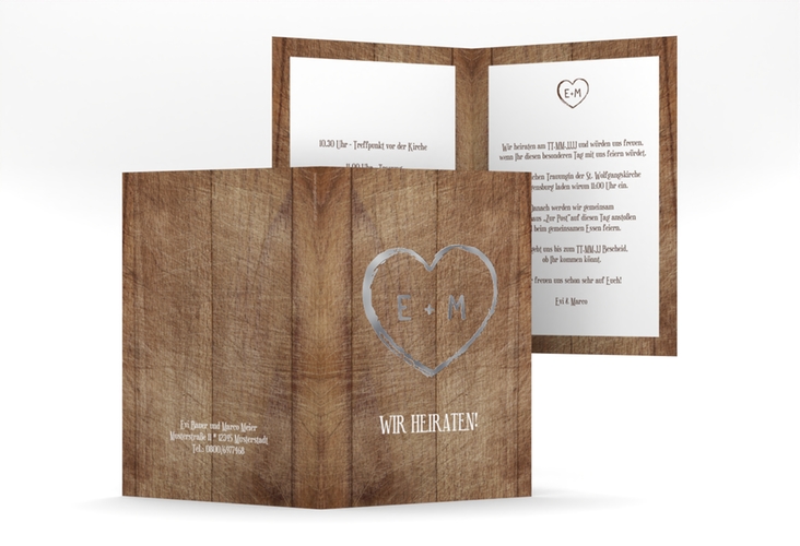 Einladungskarte Hochzeit Wood A6 Klappkarte hoch braun silber