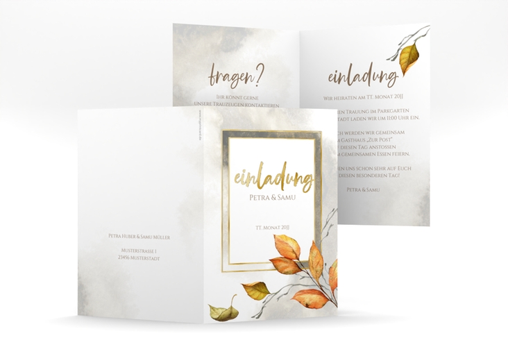 Einladungskarte Hochzeit Herbst A6 Klappkarte hoch braun gold mit orangefarbigem Herbstlaub in Aquarell