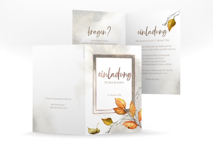 Einladungskarte Hochzeit Herbst A6 Klappkarte hoch braun rosegold mit orangefarbigem Herbstlaub in Aquarell