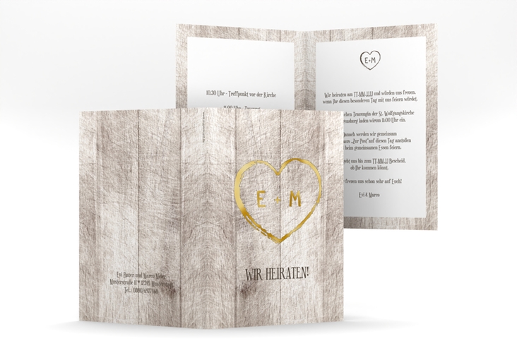 Einladungskarte Hochzeit Wood A6 Klappkarte hoch weiss gold