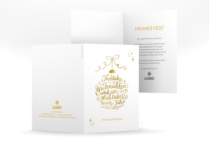 Business-Weihnachtskarte Lichterglanz A6 Klappkarte hoch weiss gold für Firmen, mit Weihnachtskugel-Kalligrafie