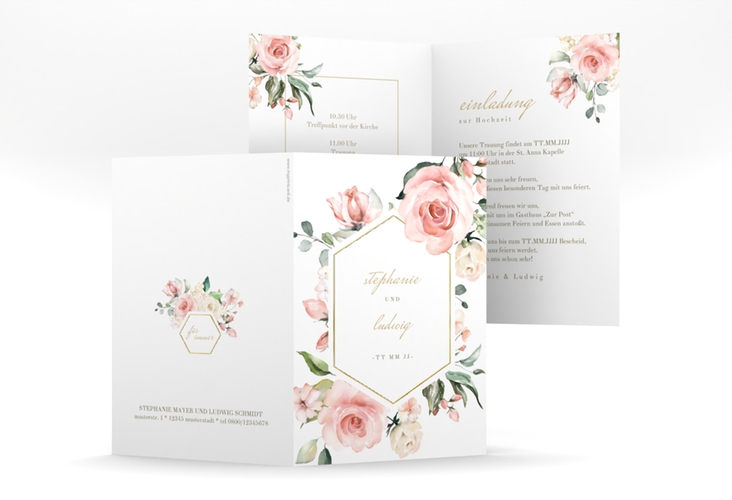 Einladungskarte Hochzeit Graceful A6 Klappkarte hoch weiss gold mit Rosenblüten in Rosa und Weiß