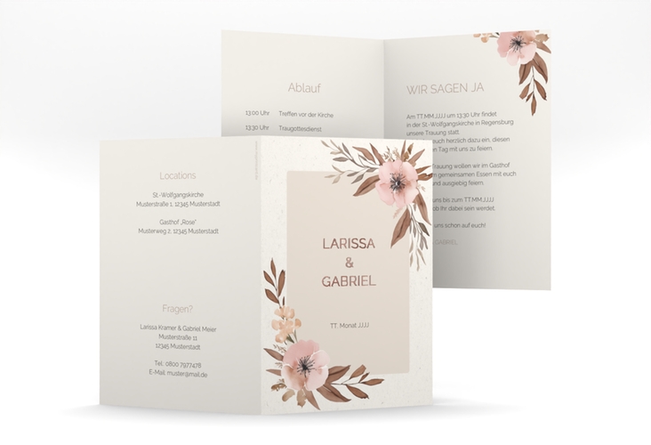 Einladungskarte Hochzeit Modest A6 Klappkarte hoch beige rosegold mit elegantem Blumen-Aquarell