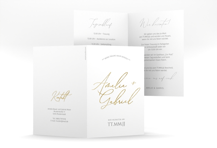 Einladungskarte Hochzeit Federschrift A6 Klappkarte hoch weiss gold in schlichtem Design mit Kalligrafie