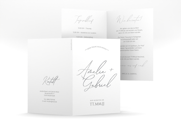 Einladungskarte Hochzeit Federschrift A6 Klappkarte hoch weiss silber in schlichtem Design mit Kalligrafie