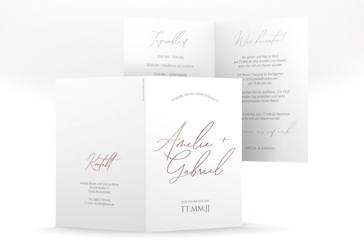 Einladungskarte Hochzeit Federschrift A6 Klappkarte hoch weiss rosegold in schlichtem Design mit Kalligrafie