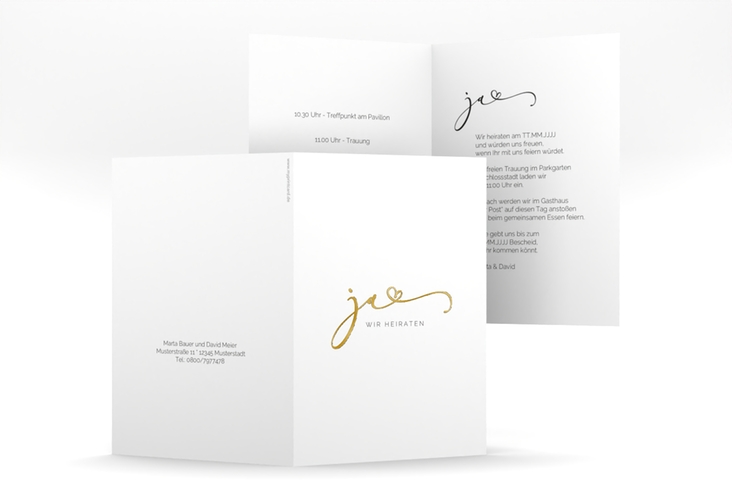 Hochzeitseinladung Jawort A6 Klappkarte hoch weiss gold modern minimalistisch mit veredelter Aufschrift